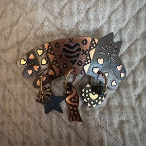 Adorable Laurel Burch Copper Cat Pin | Star, Heart, and Fish!